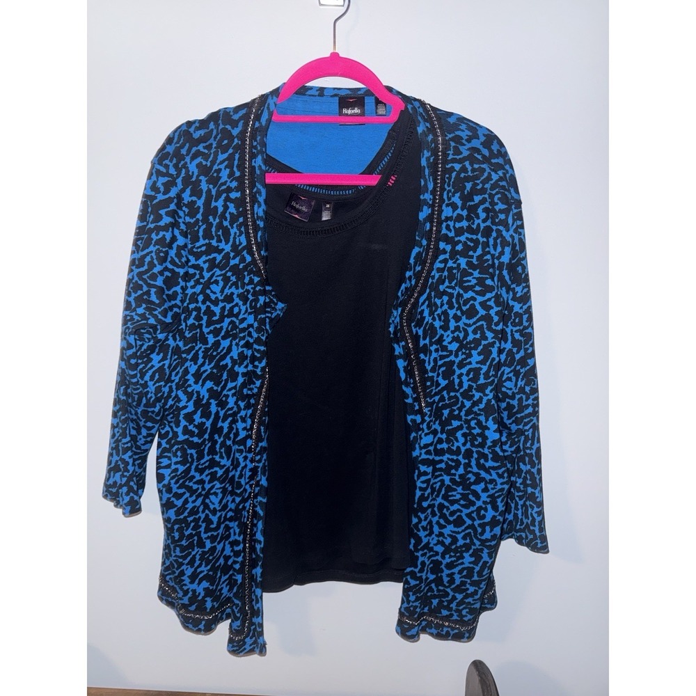 RAFAELLA Wmn 3x Cardigan and Tank Twin Set 3/4 Sleeves 100% Cotton Blue Leopard